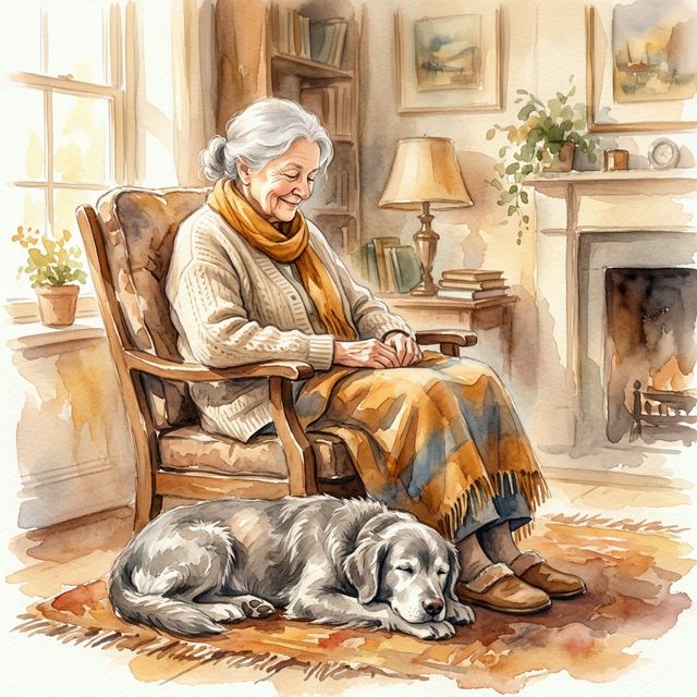 Watercolor of an owner walking with their senior dog at sunset