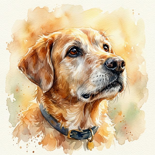 Watercolor of a tender moment with a senior dog
