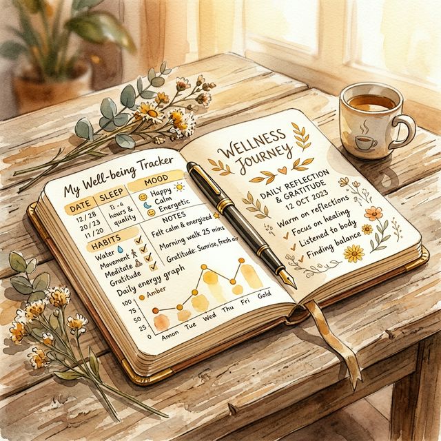 Watercolor illustration of a wellness tracking journal for senior dogs
