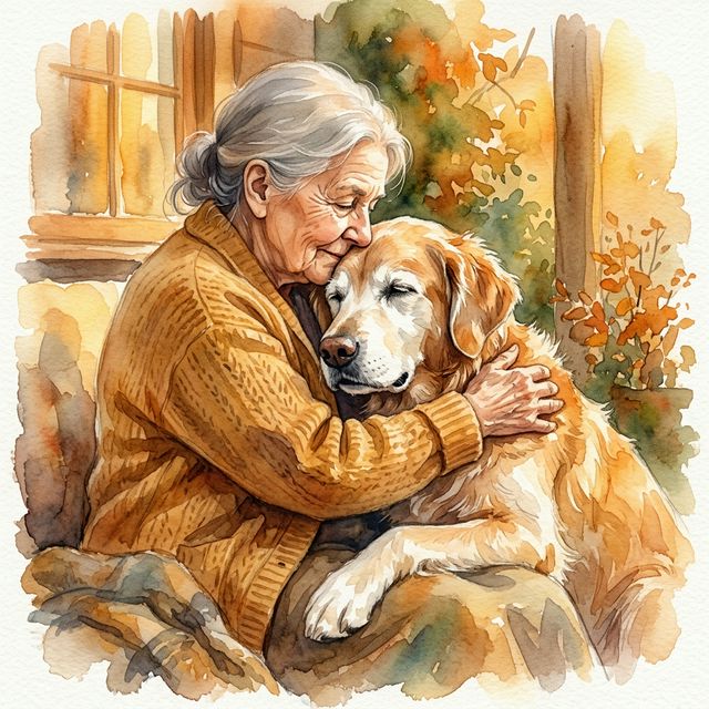 Watercolor of an owner lovingly embracing their senior dog