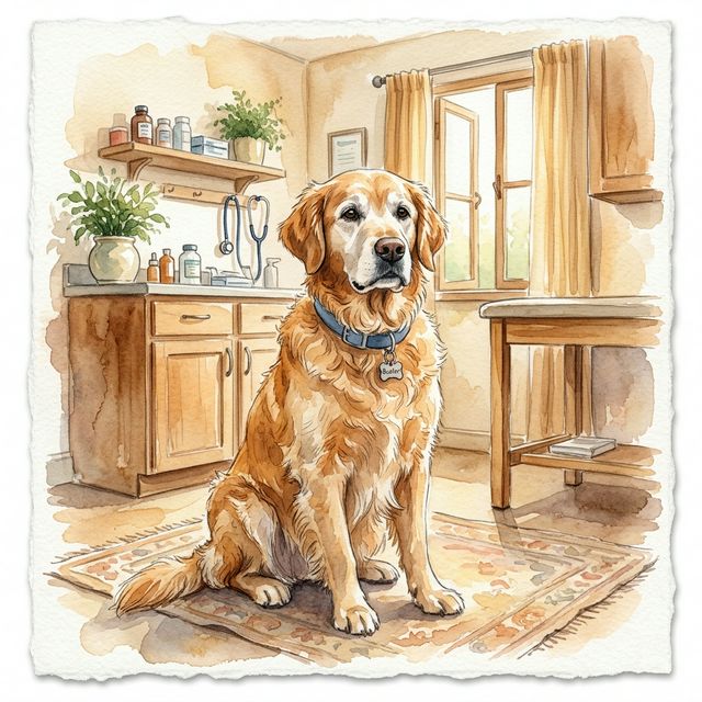 Watercolor of a golden retriever sitting calmly at the vet clinic